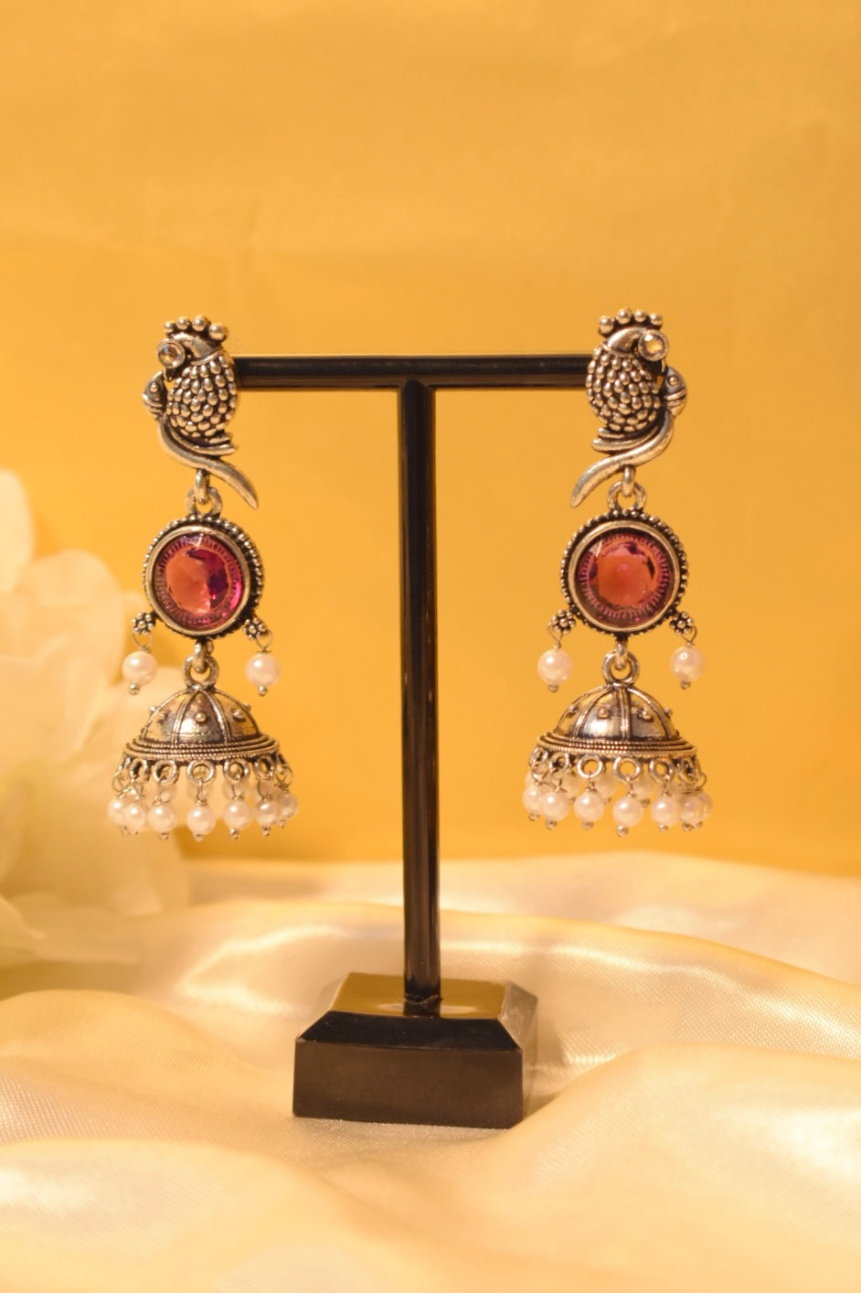 Peacock Silver-Tone Dangle Earrings with Purple Stone