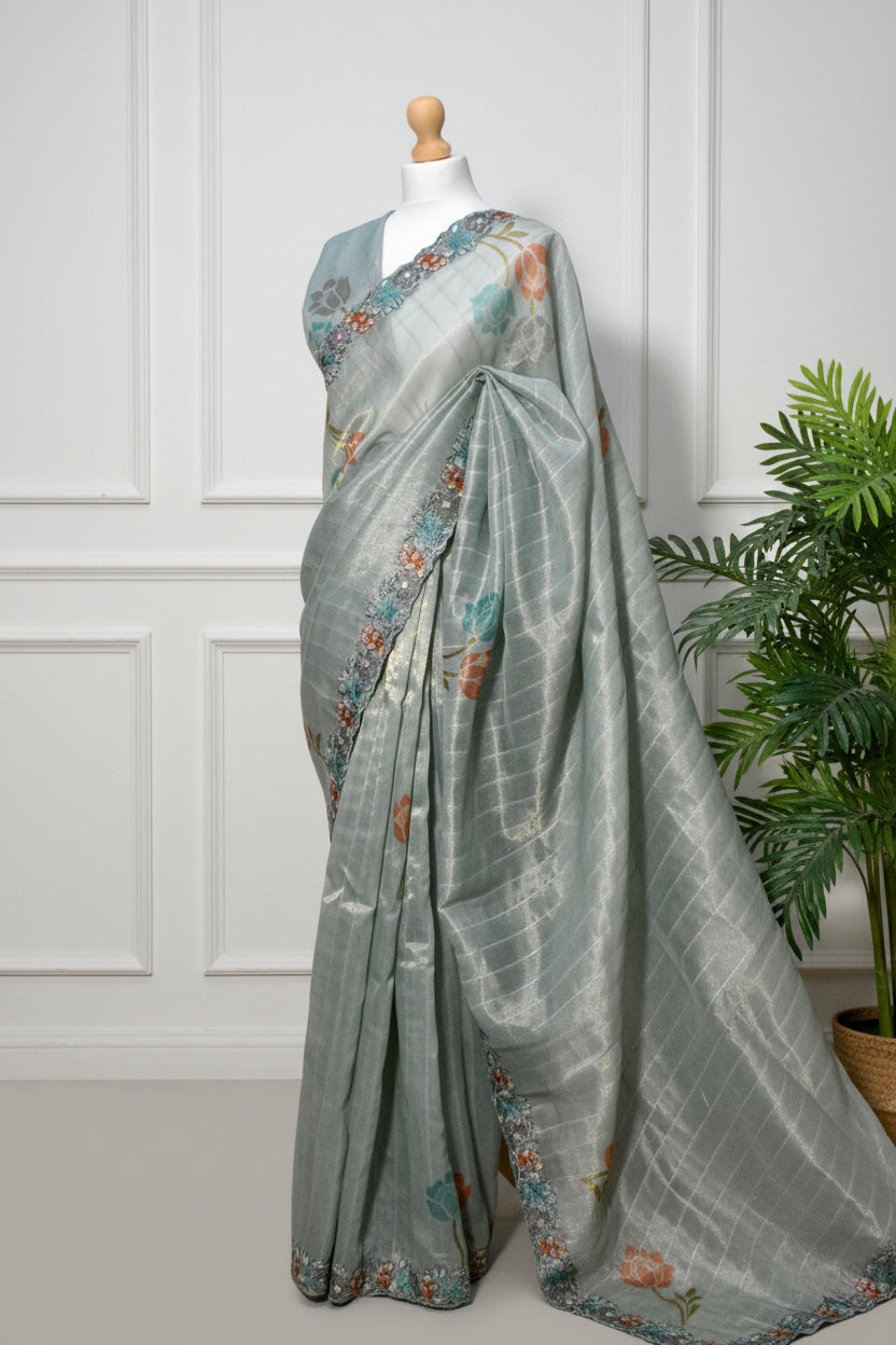 Blue Glass Tissue Organza Saree