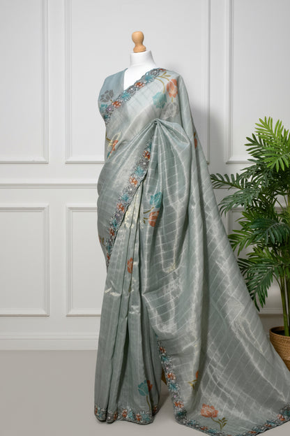 Blue Glass Tissue Organza Saree