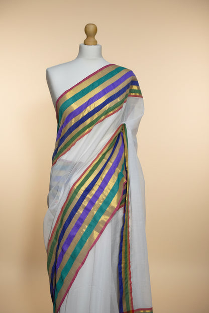 White Mul Cotton Saree with Multicolour Striped Border