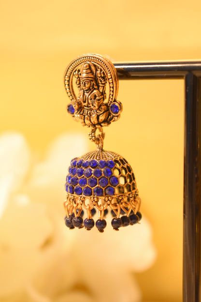 Gold Lakshmi Jhumka with Blue Stone