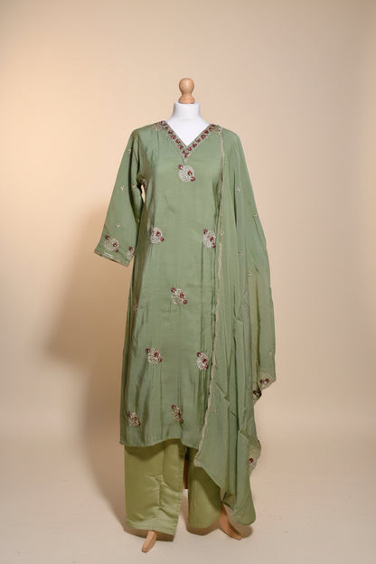 Green Embroidered & Beadwork V-Neck Churidar Set with Shawl