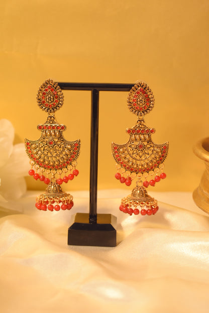 Gold-Tone Jhumka Earrings with Red Detailing
