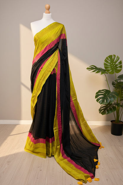 Black Mul Cotton Saree with Pink & Lime Green Border