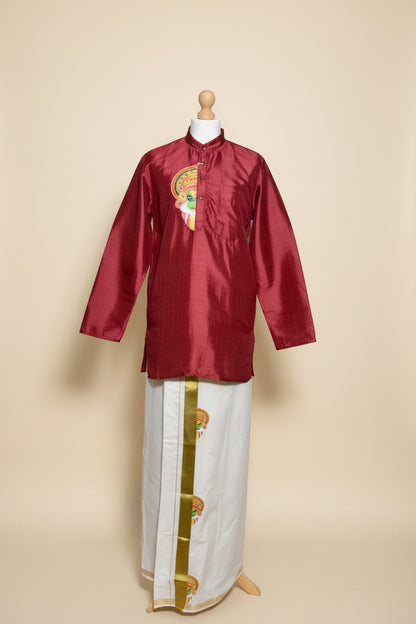 Red Kathakali Print Onam Kurta Set