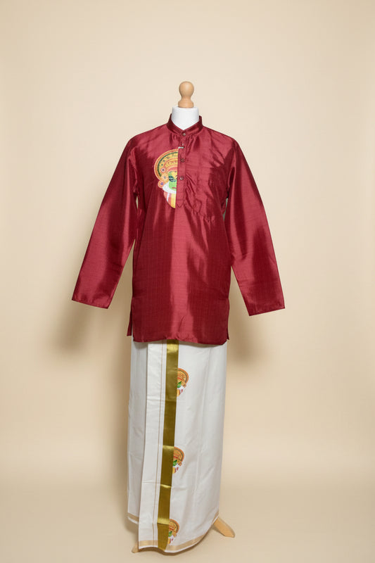 Red Kathakali Print Onam Kurta Set