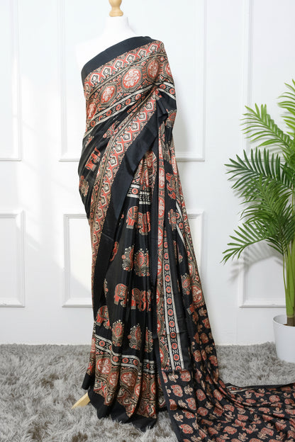 Black New Ajrakh Gajji Crepe Silk Saree