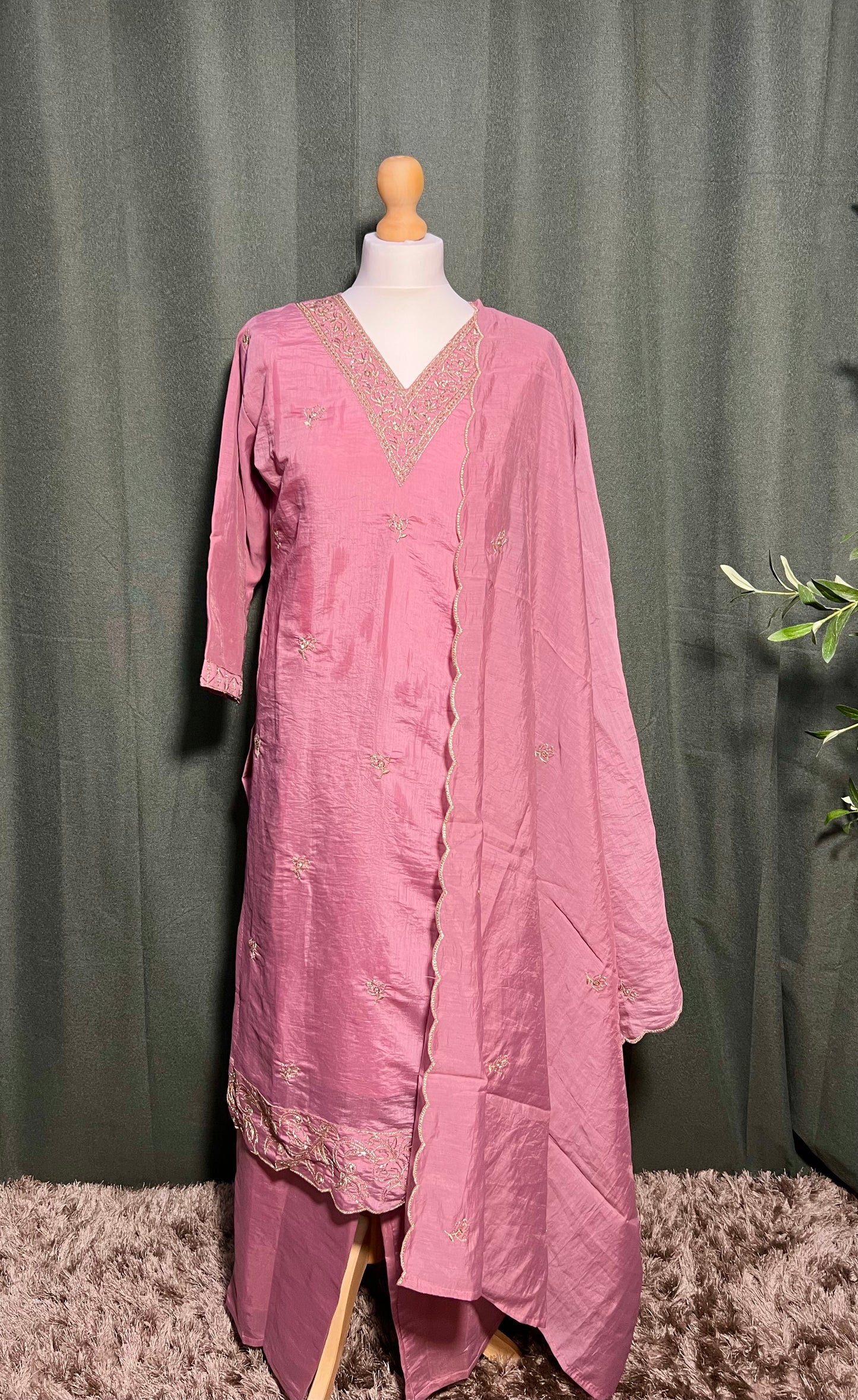 Pink Embroidered V-Neck Churidar Set with Shawl