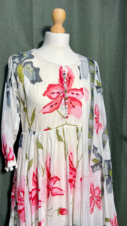Elegant Mul Cotton Embroidered Dress with Shawl