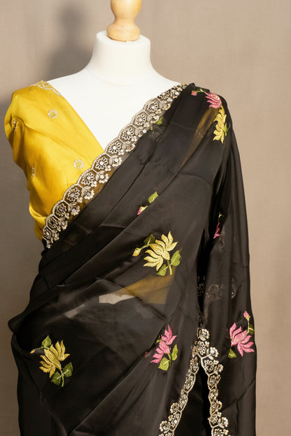 Black Soft Rangoli Silk Embroidered Saree with Mirror Work & Cutwork Border