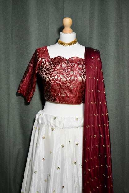 Elegant Red Blouse & White Skirt Lehenga Set
