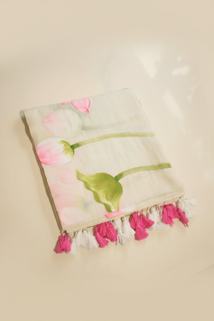 Hand-Painted Pink Lotus Mul Cotton Saree