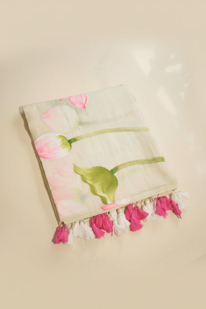 Hand-Painted Pink Lotus Mul Cotton Saree