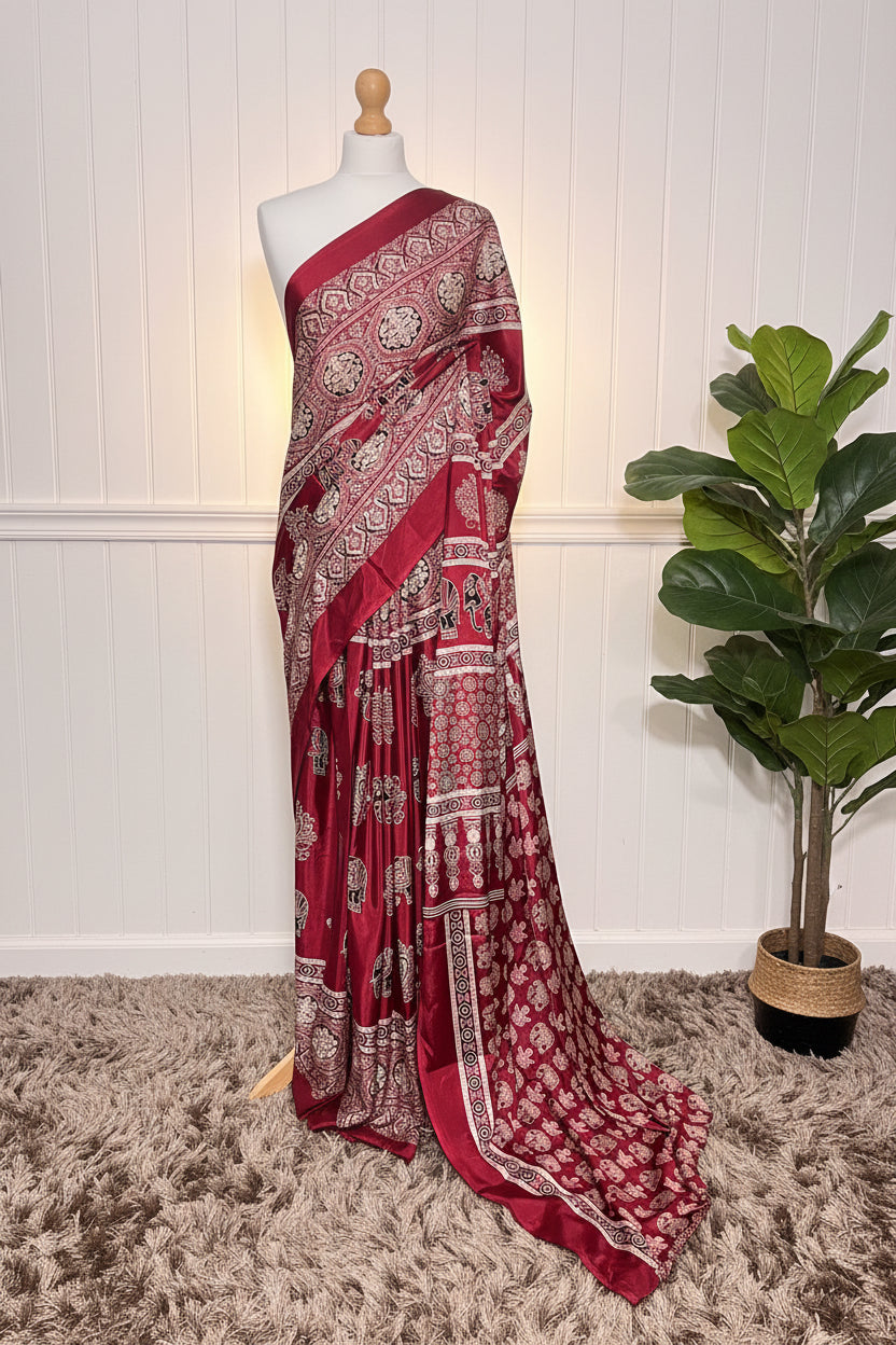 Red New Ajrakh Gajji Crepe Silk Saree