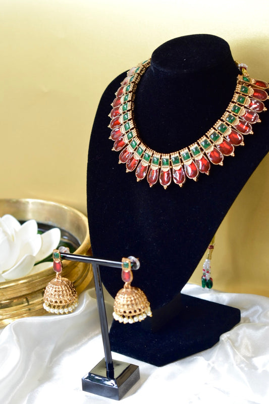 Nagapadam Inspired Red & Green Necklace Set