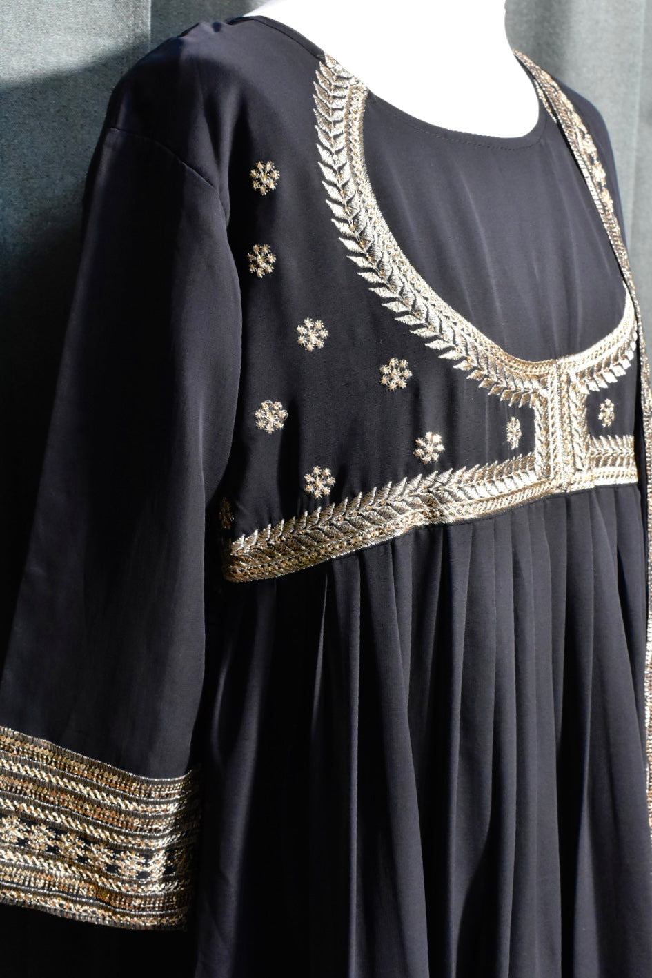 Black Long Sleeve Embroidered Churidar Set with Shawl