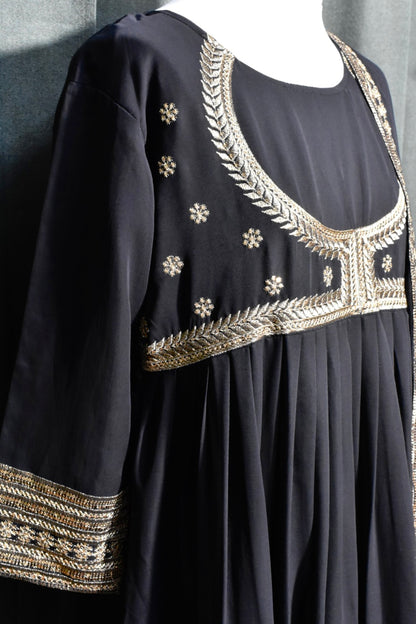 Black Long Sleeve Embroidered Churidar Set with Shawl