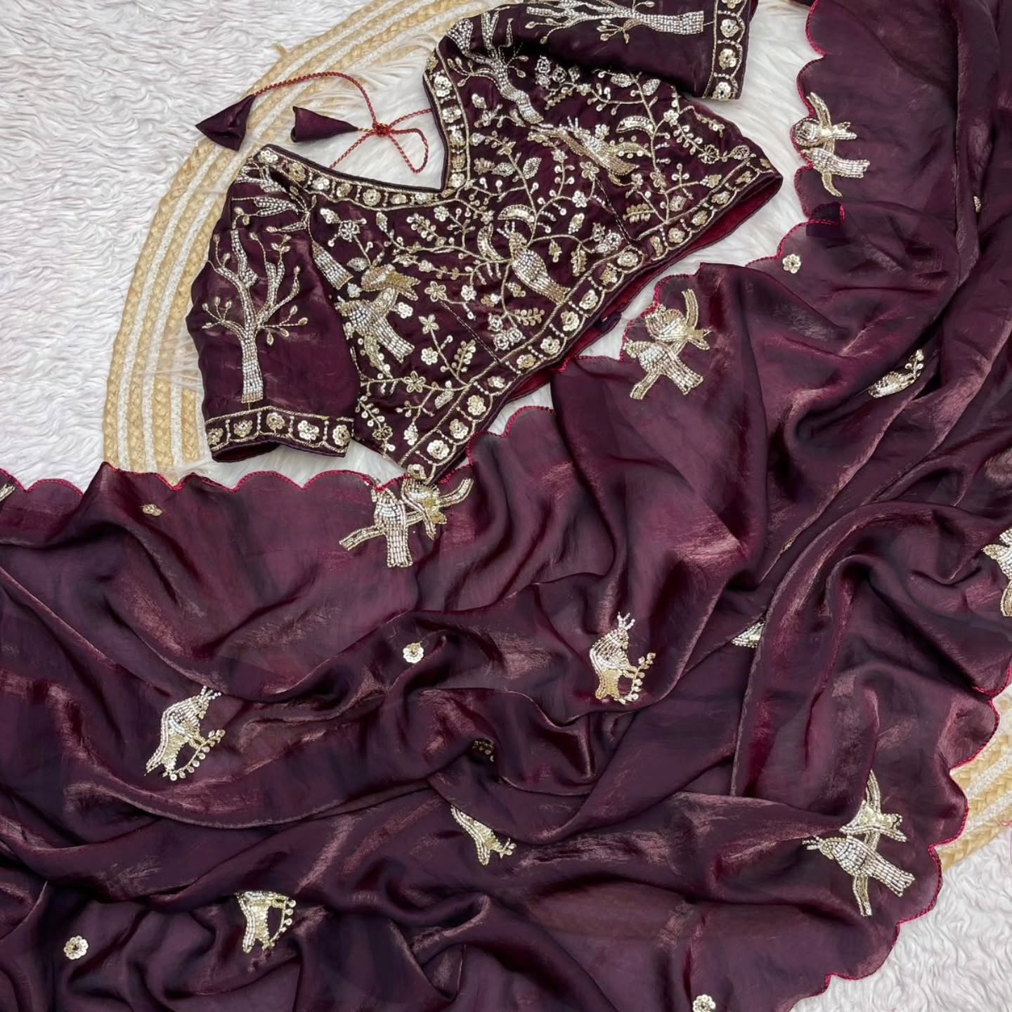Purple Fendi Satin Silk Saree Set