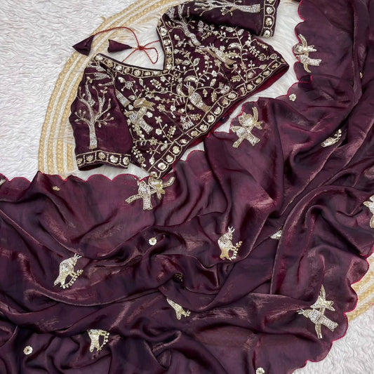 Purple Fendi Satin Silk Saree Set