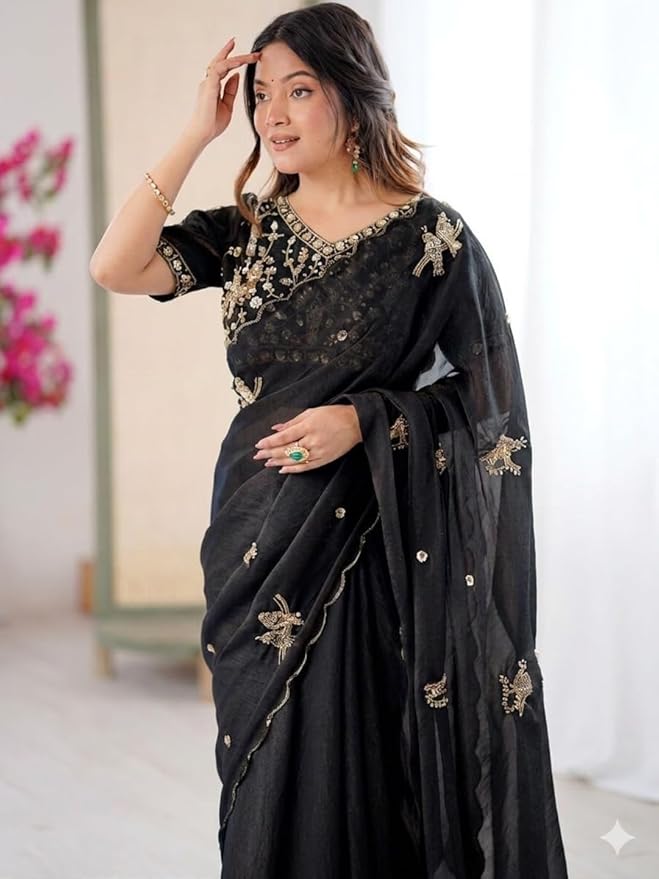 Black Fendi Satin Silk Saree Set
