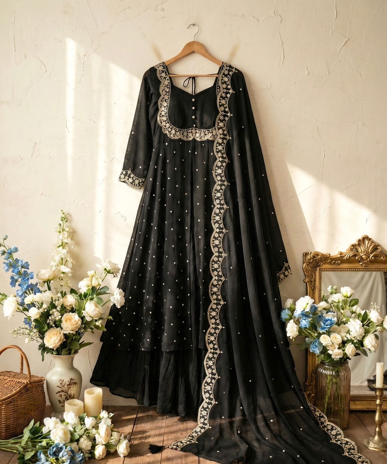 Black Vichitra Silk Skirt & Cape Set