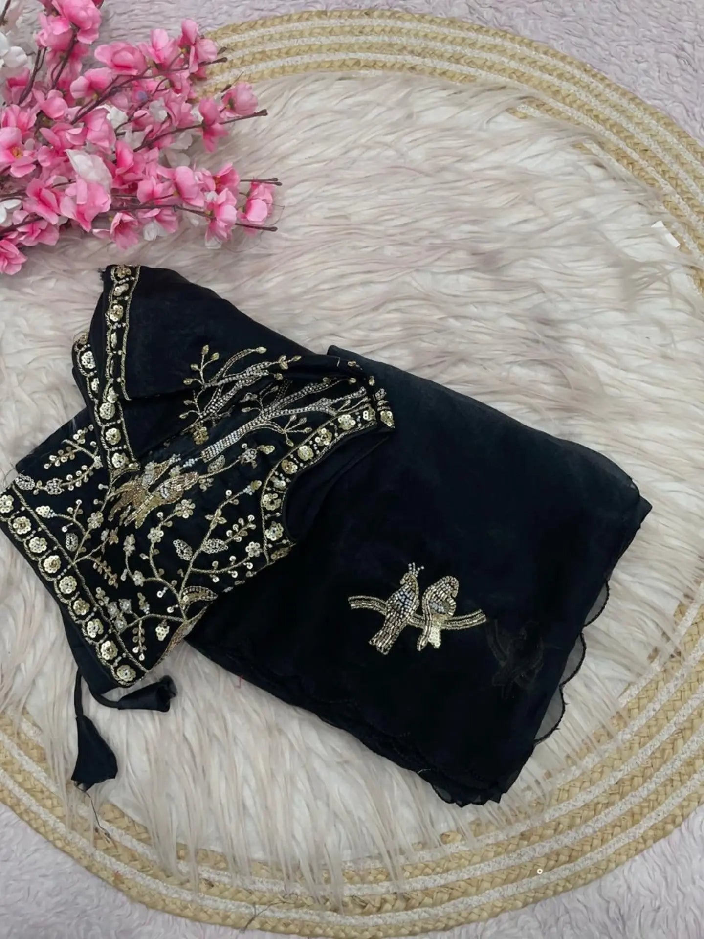 Black Fendi Satin Silk Saree Set