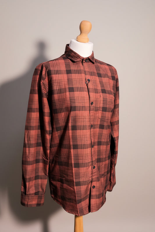 Men’s Rust Orange & Dark Brown Checkered Button-Down Shirt – Long Sleeve