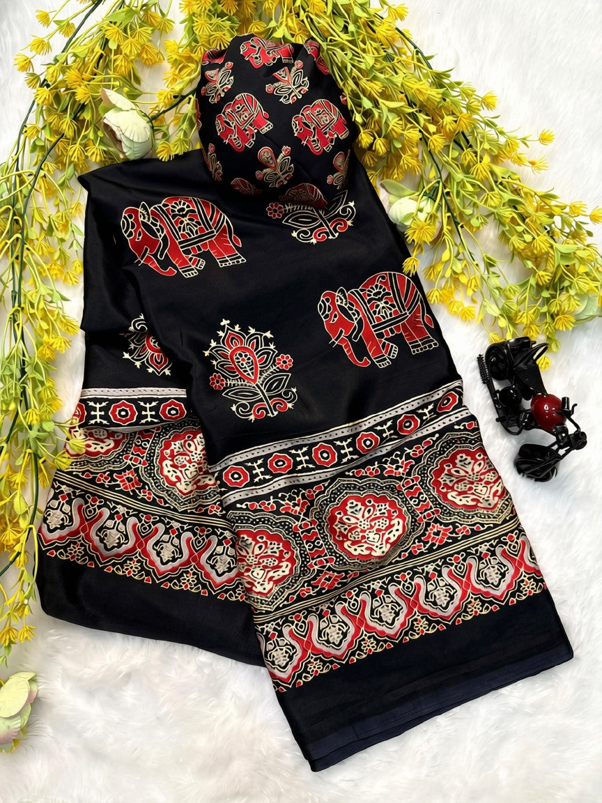 Black New Ajrakh Gajji Crepe Silk Saree