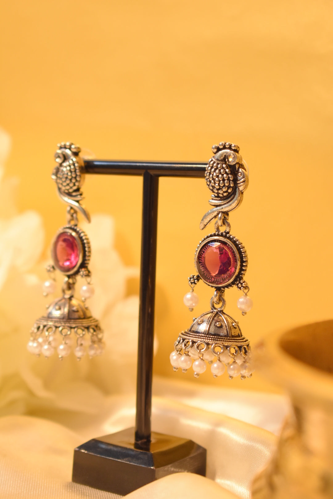 Peacock Silver-Tone Dangle Earrings with Purple Stone