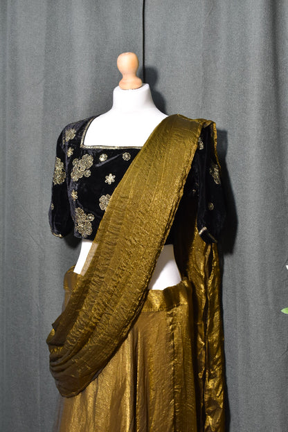 Golden Lehenga with Black Velvet Embroidered Blouse