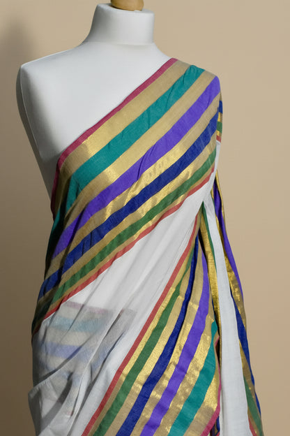 White Mul Cotton Saree with Multicolour Striped Border