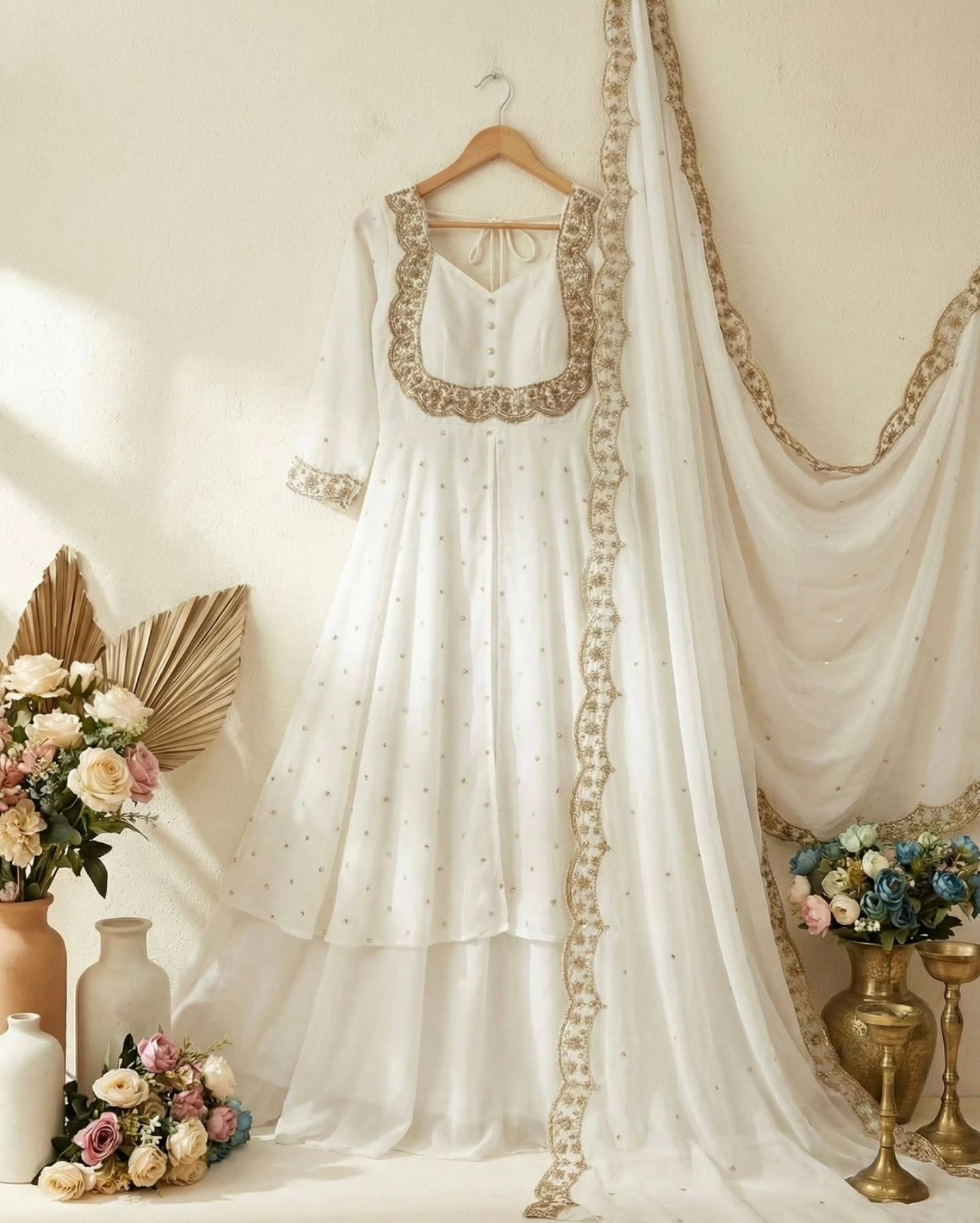White Vichitra Silk Skirt & Cape Set (L)