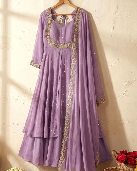 Lavender Vichitra Silk Skirt & Cape Set (L)
