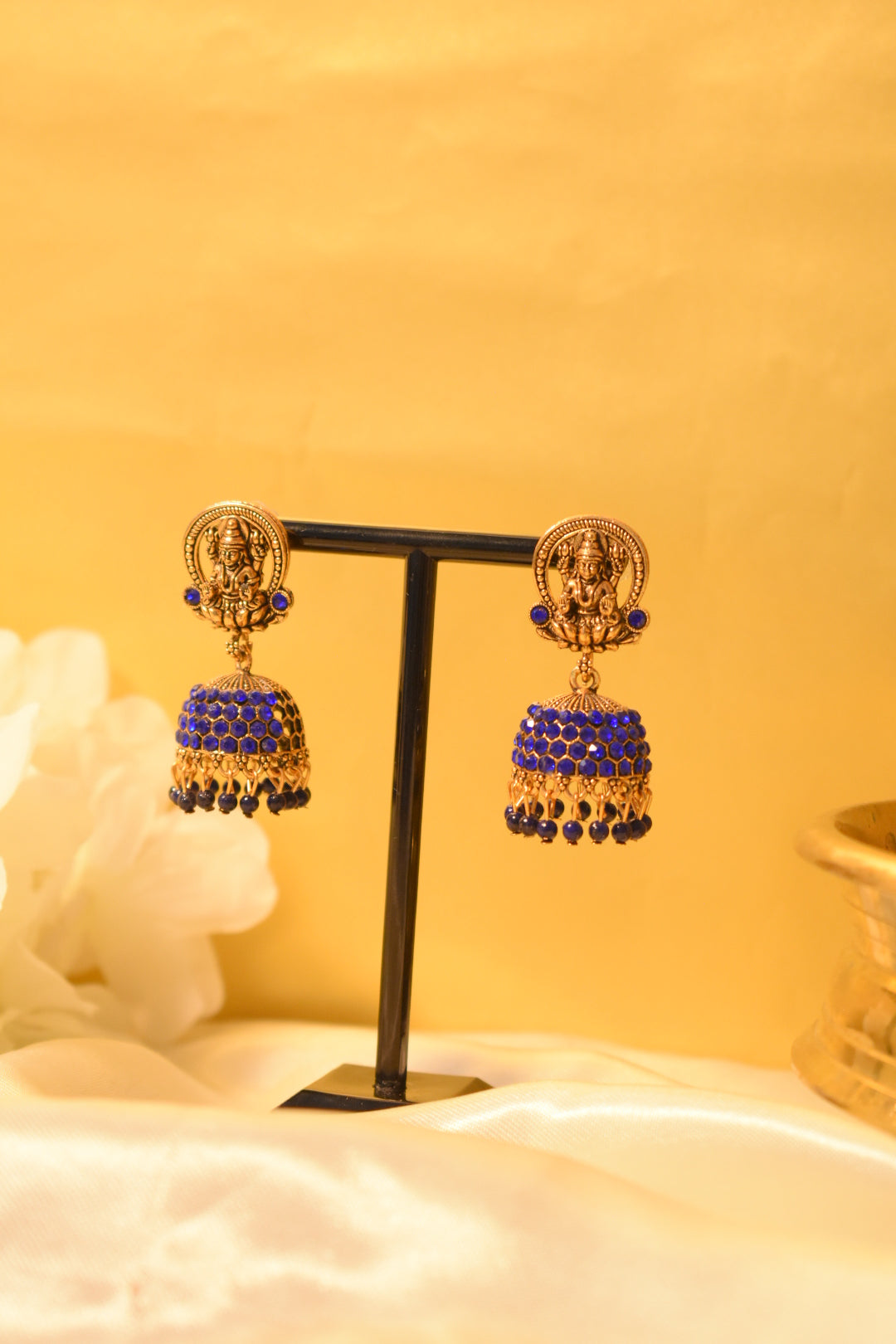 Gold Lakshmi Jhumka with Blue Stone
