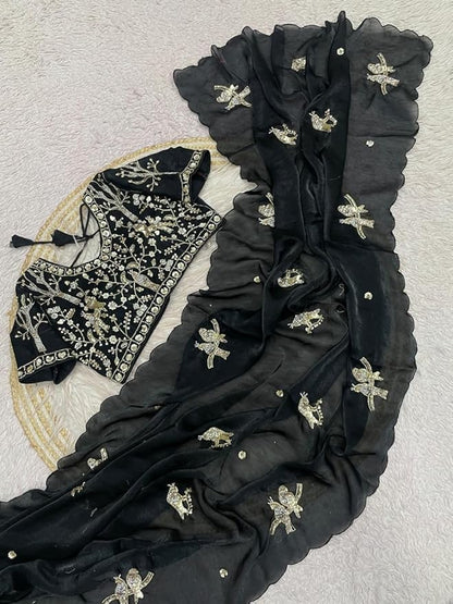 Black Fendi Satin Silk Saree Set