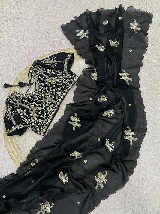 Black Fendi Satin Silk Saree Set