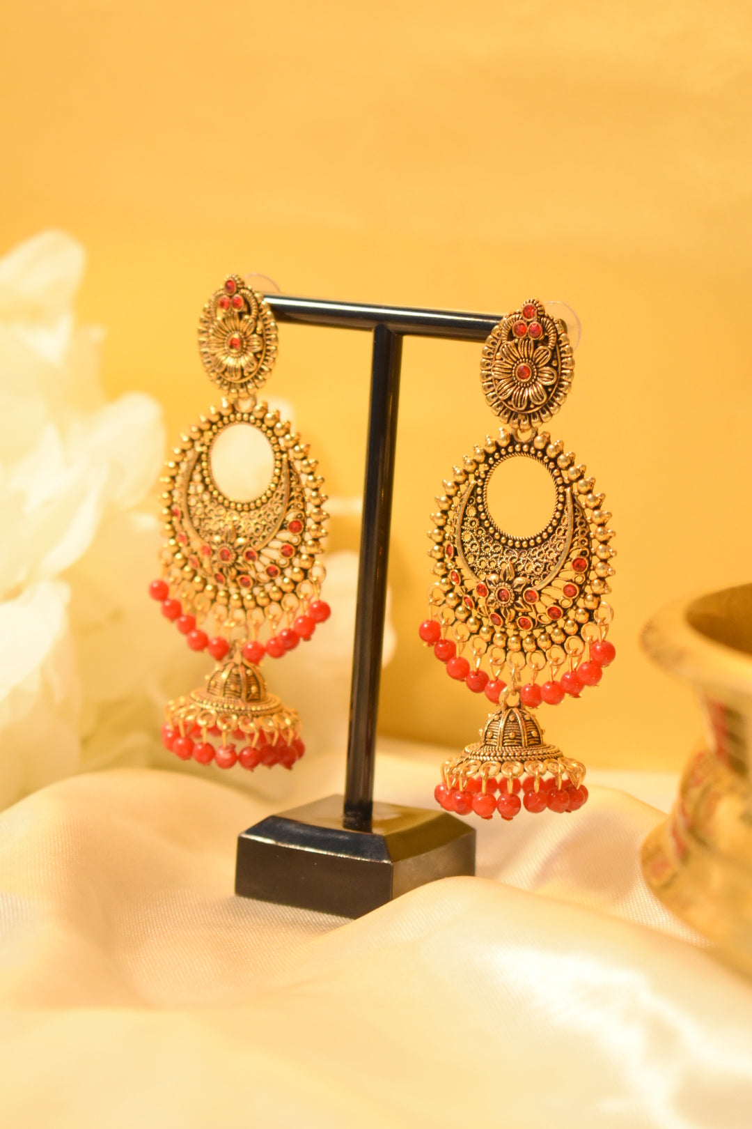 Gold-Tone Jhumka Earrings with Red Detailing