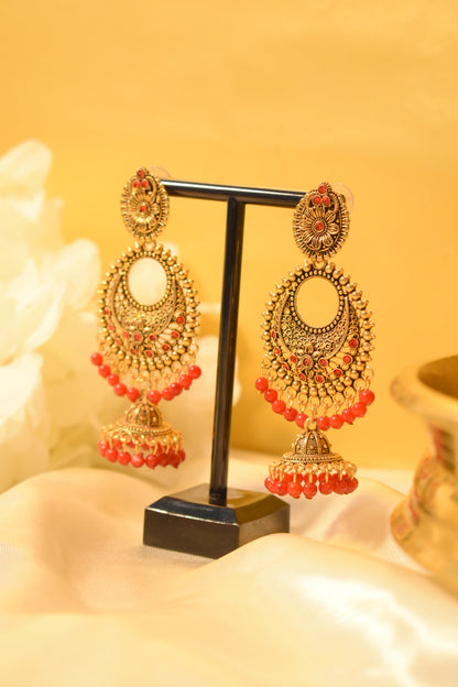 Gold-Tone Jhumka Earrings with Red Detailing