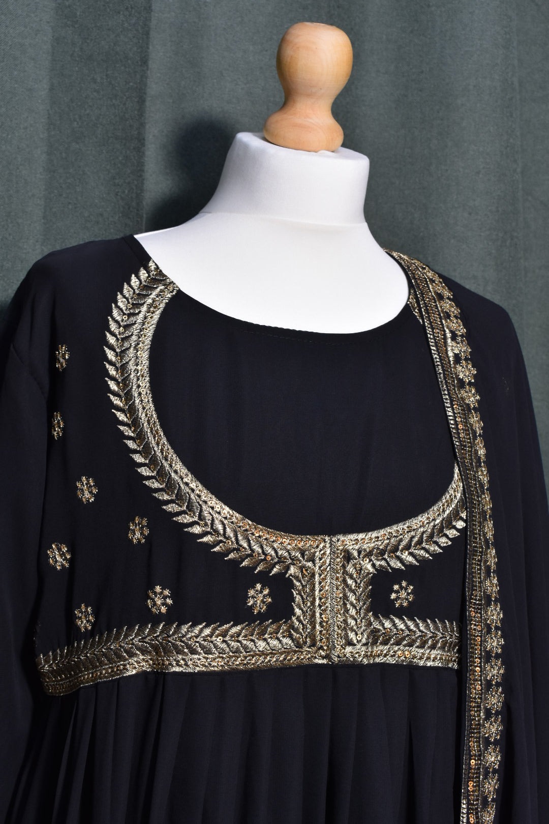 Black Long Sleeve Embroidered Churidar Set with Shawl
