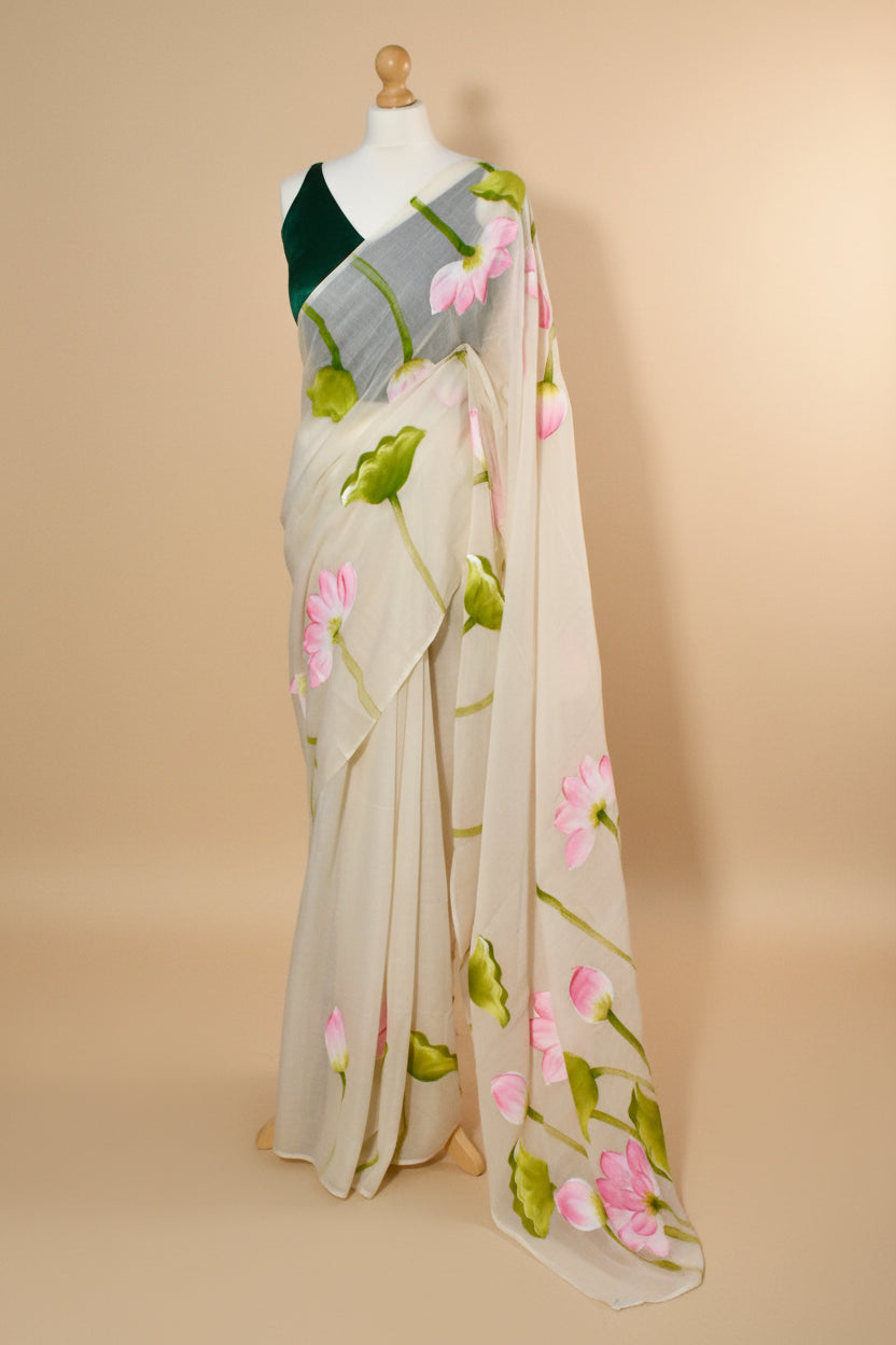 Hand-Painted Pink Lotus Mul Cotton Saree