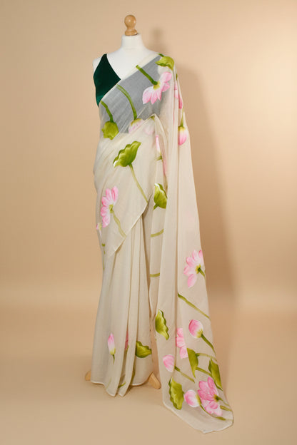 Hand-Painted Pink Lotus Mul Cotton Saree