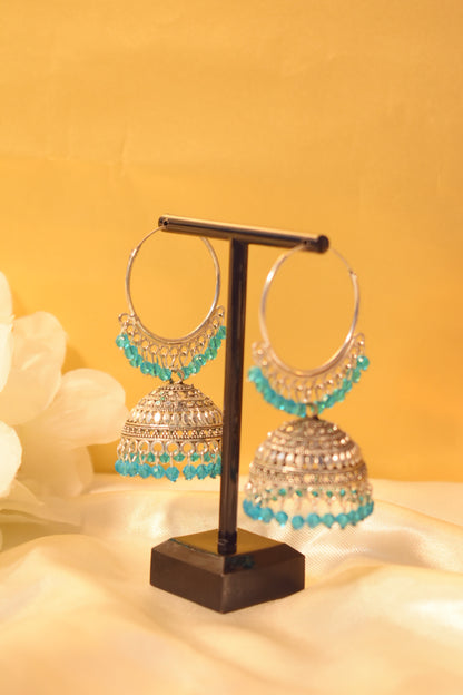Silver Hoop Jhumka Earrings with Blue Stone Detailing