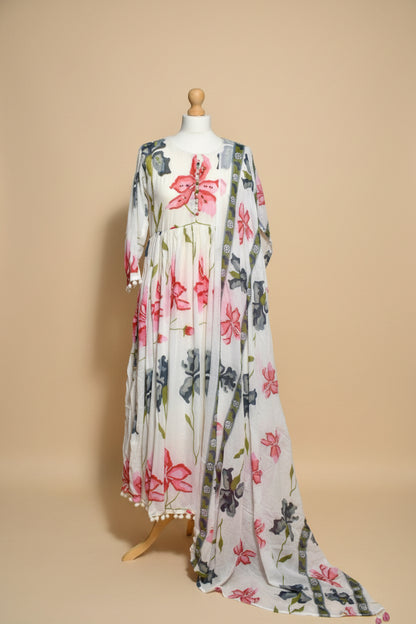 Elegant Mul Cotton Embroidered Dress with Shawl