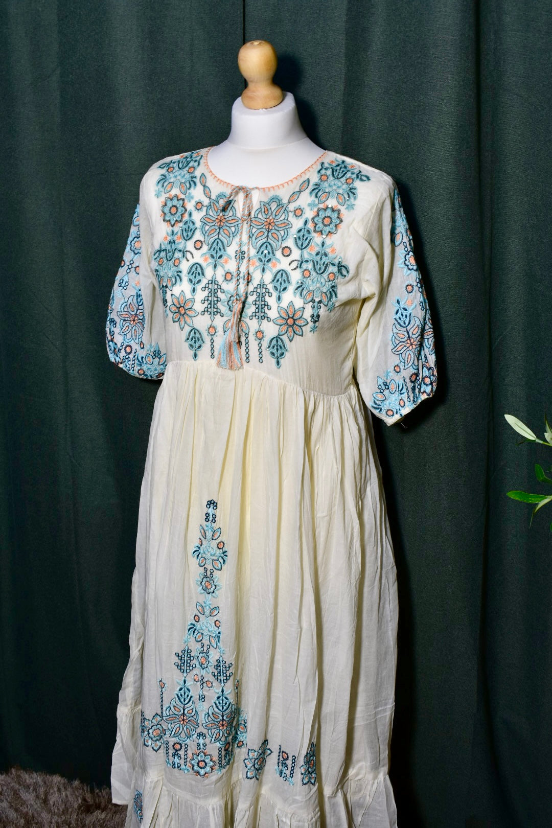 Elegant Blue Embroidered Mul Cotton Dress