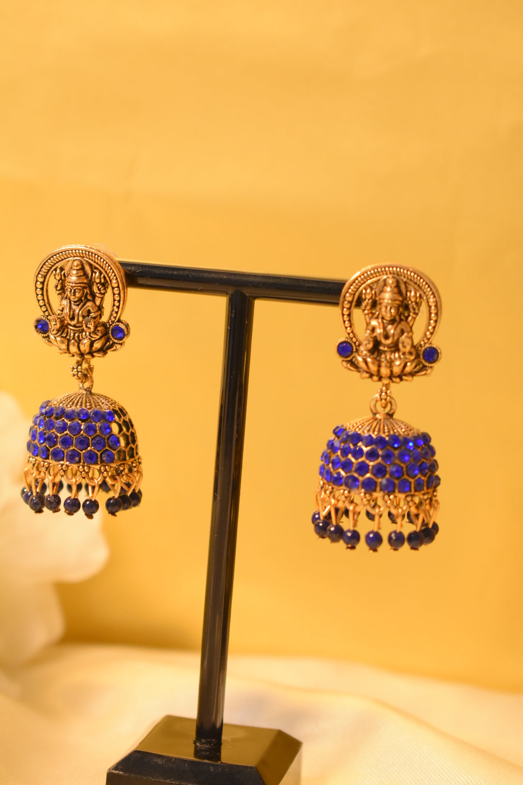 Gold Lakshmi Jhumka with Blue Stone