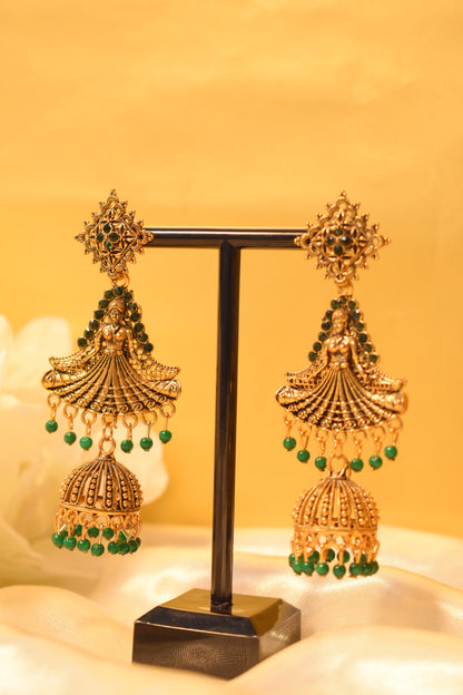 Gold Dangle Earrings with Green Detailing