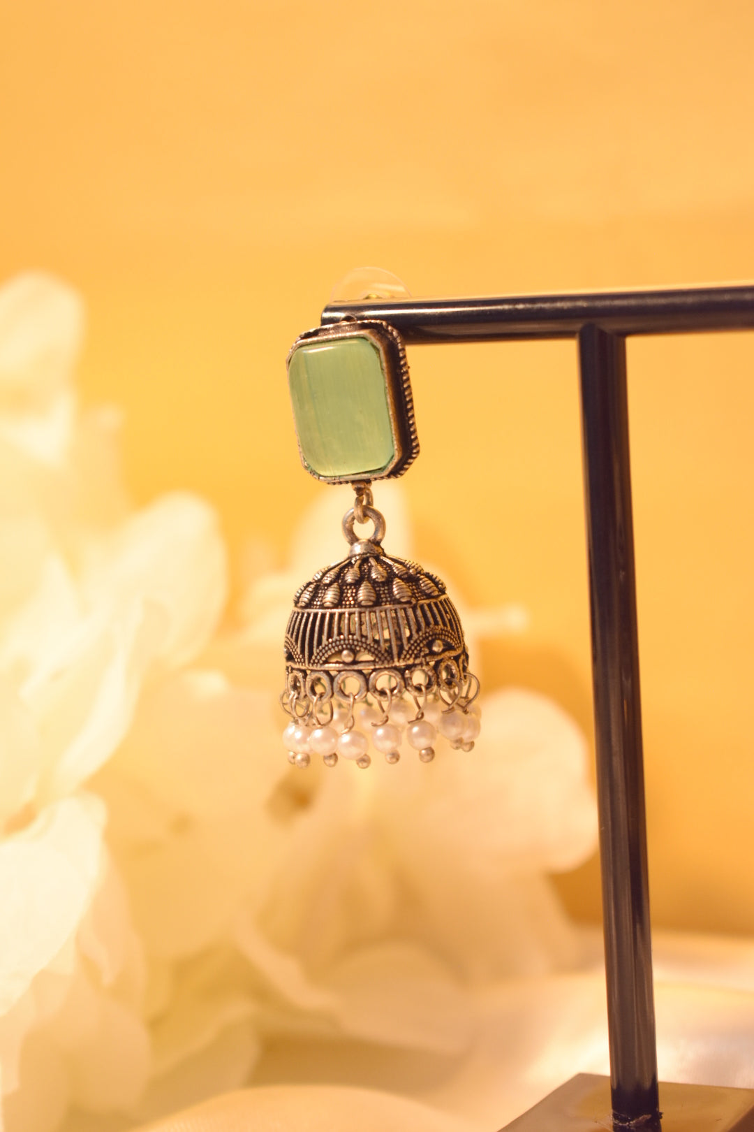 Mint Stone Silver-Tone Jhumka