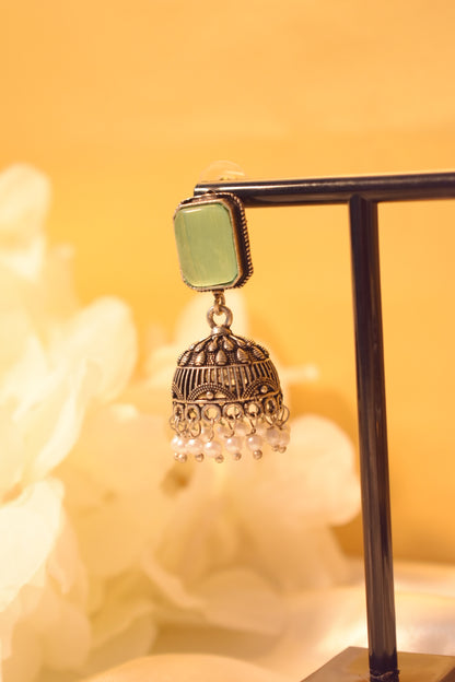 Mint Stone Silver-Tone Jhumka