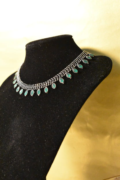 Silver Oxidised Necklace with Mint Green Stones