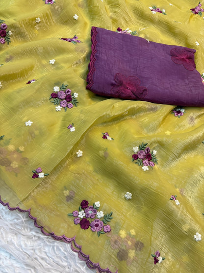 Yellow Partywear Crunchy Fabric Saree